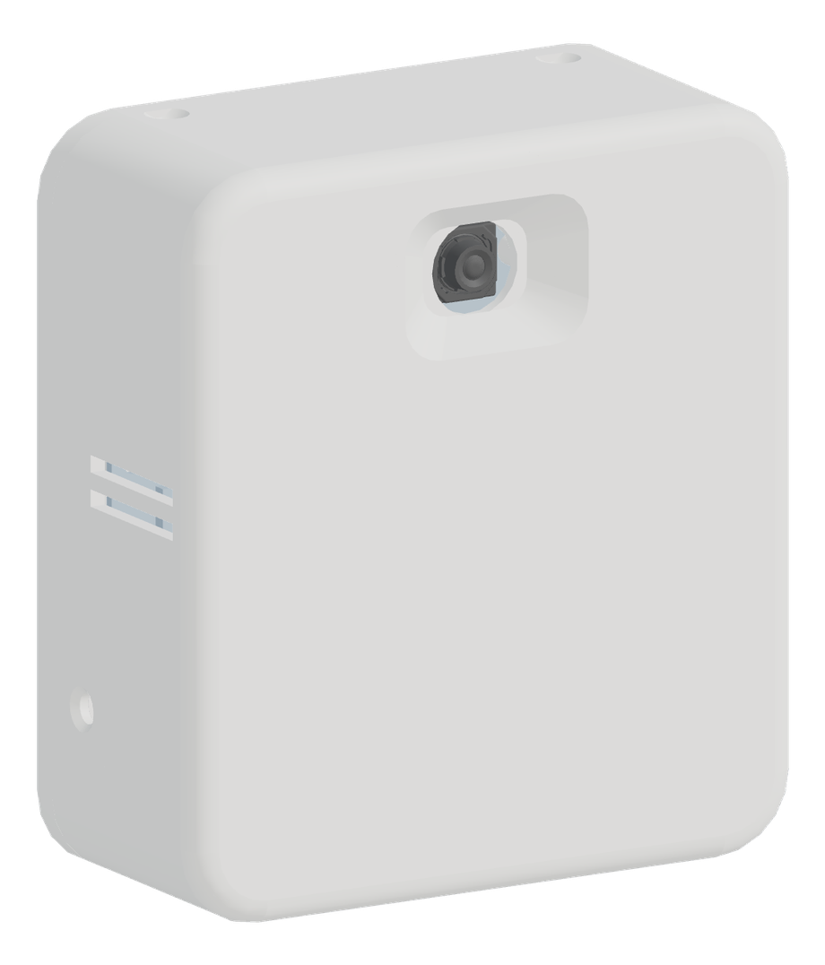 The fully assembled CamAI unit seen at an angle — a sealed white shell with a recessed camera lens and side vents
